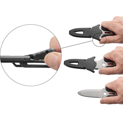 Multi-tool with various components being used by hands on a white background
