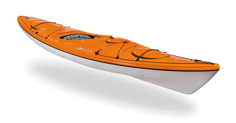 Orange kayak with white bottom on a white background